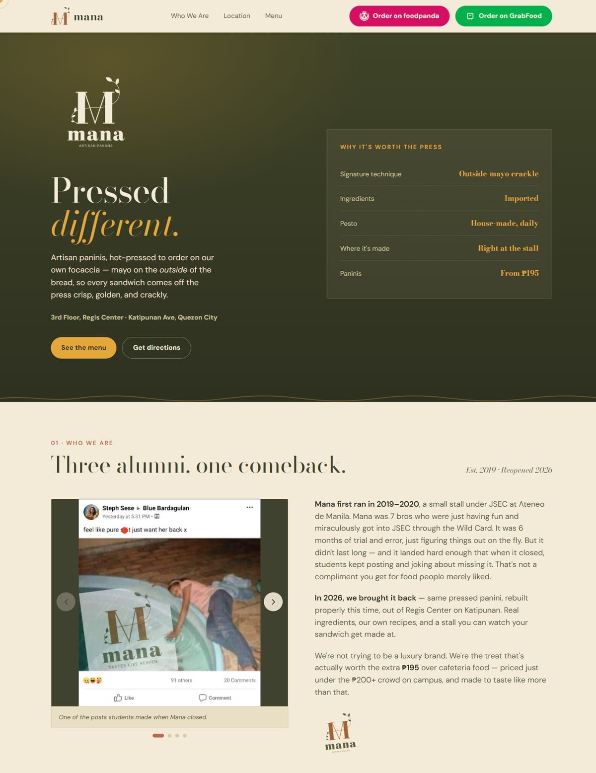 Mana's home page: "Pressed different." over a dark olive hero, with menu and directions buttons and foodpanda and GrabFood ordering.