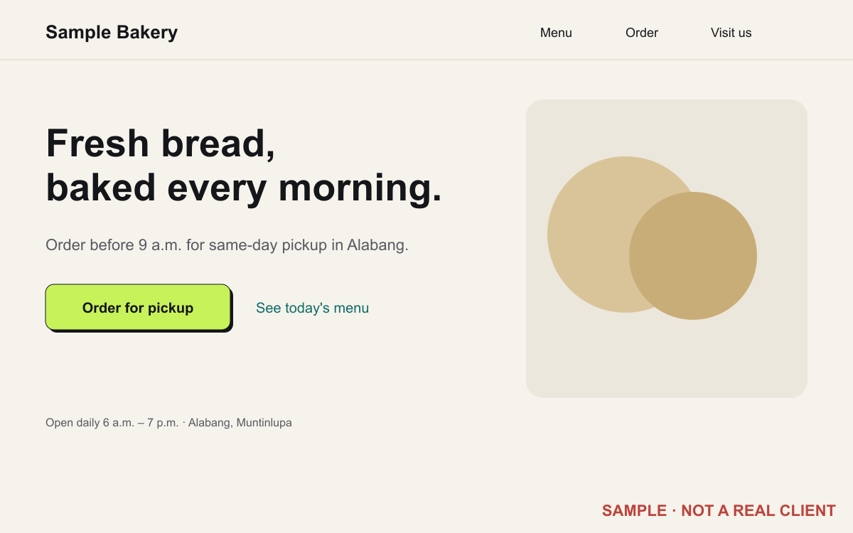 The same sample bakery rebuilt: a clear headline, one order button and readable text.