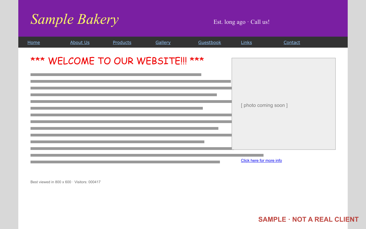 Sample of a dated bakery website: cramped grey text, clashing purple and yellow, no clear button.